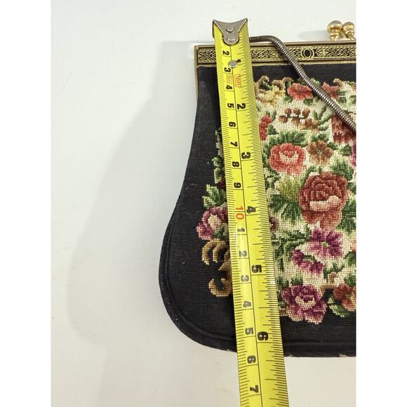 Vintage Petit Point Floral Purse on Black – Gold Frame, Handbag Clutch - Picture 10 of 10